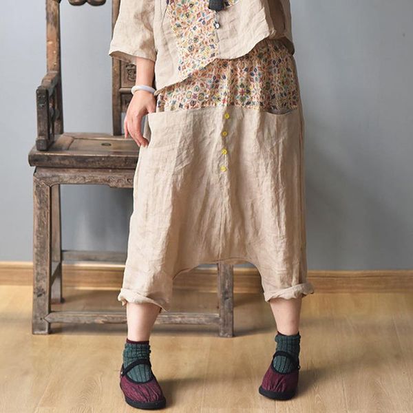 

women vintage harem pants elastic waist trouser 2020 summer new pockets patchwork color loose linen female pants, Black;white