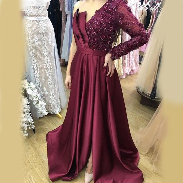 

2021 burgundy evening dresses lace beading satin one shoulder a-line long sleeve prom dress plus size dark red lady party dress, Black