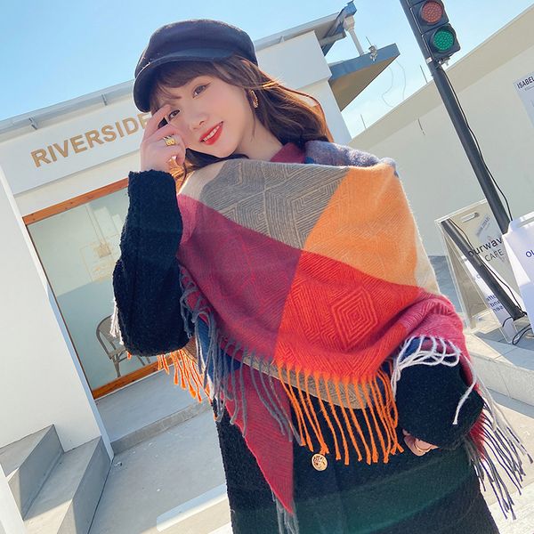 

double shawl plaid color matching shawl coat for women's autumn wear cape two side scarf 130cm large square klwe, Blue;gray