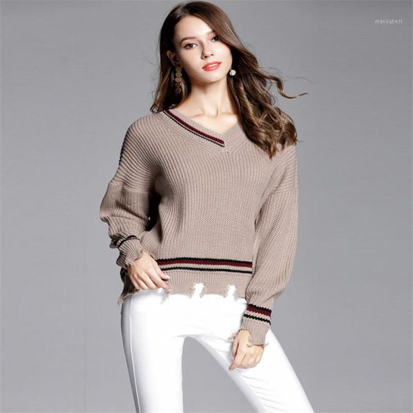 

2020 new autumn and winter sweater female fashion tassel stripe irregular hole loose hit color ladies pullover, White;black