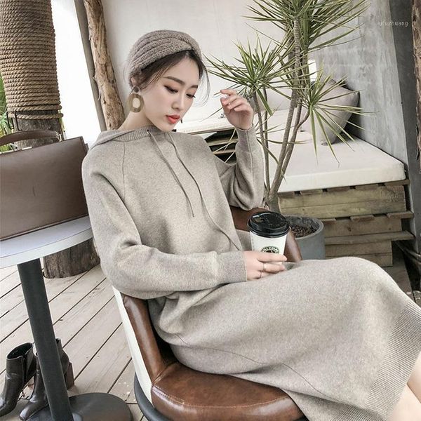 

autumn winter knitted dress women's medium length long sleeve hooded sweater skirt loose korean wool dress long skirt1, Black;gray
