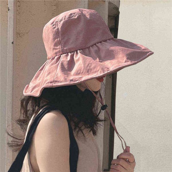 Verão Fino Sun Proteção Chapéus Para Mulheres Senhoras Coreano Big Brim Pescador Sunshade Chapéu Verão Preto Gum Sunshade Hat G220311