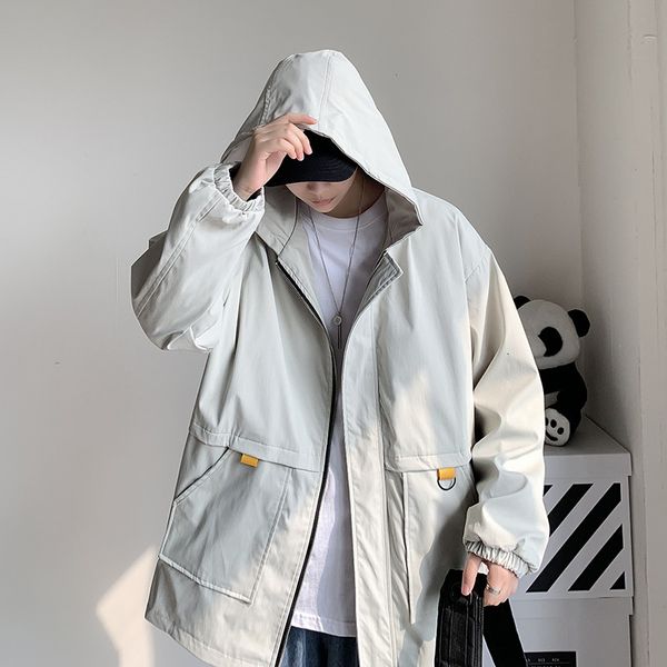 

windbreaker autumn temperament hooded trend loose zipper cardigan monochrome jacket man, Tan;black
