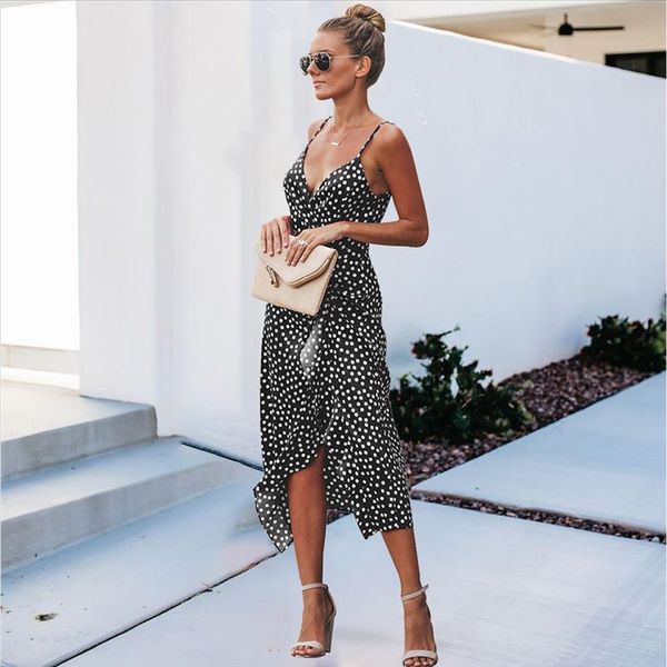 

medium long dot spaghetti strap dress women v neck ruffles slim ladies summer print dress streetwear office lady, Black;gray