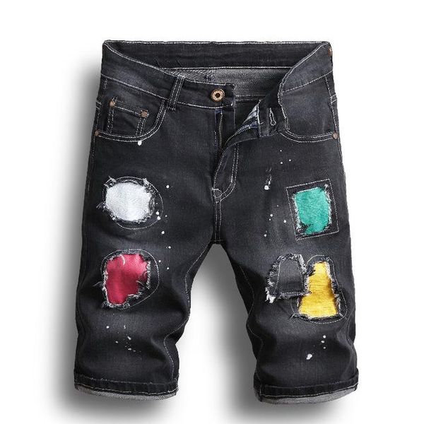 

men's jeans summer denim shorts men black holes short streetwear casual knee length size 38, Blue