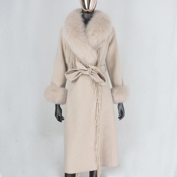 

furbelieve 2020 x-long tassel cashmere wool blends real fur coat winter jacket women natural fur collar and cuffs streetwear1, Black