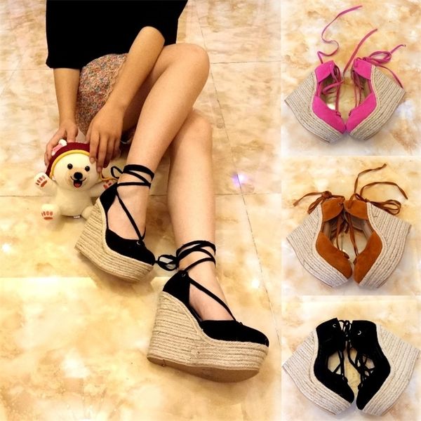 

women sandals casual linen wedge platform ankle strap high heel 12cm ladies shoes girl platform pump espadrilles student shoes y200107, Black