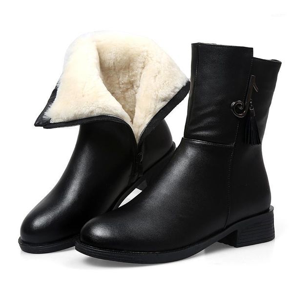 

boots in-tube cowhide wool winter warm snow plus size women leather thick heel non-slip shoes women1, Black