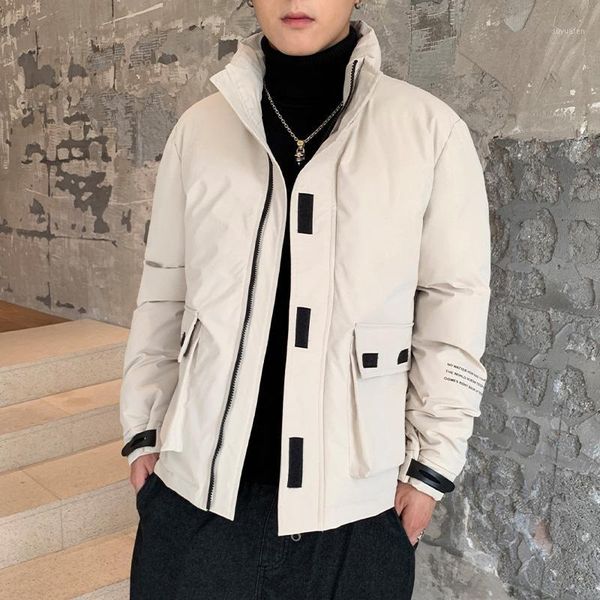 

men cotton coat high stand collar windproof zipper casual fashion hit color printing man cotton coat1, Black