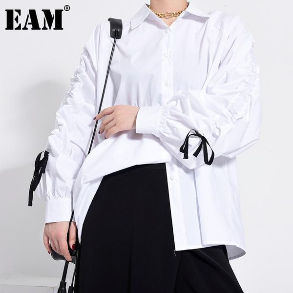

women's blouses & shirts [eam] women white bandage stitch big size blouse lapel long sleeve loose fit shirt fashion tide spring autumn