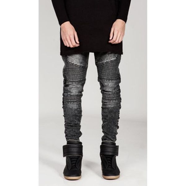 

men's jeans american wrinkle stitched slim fit pants small foot micro elastic large casual trend, Blue
