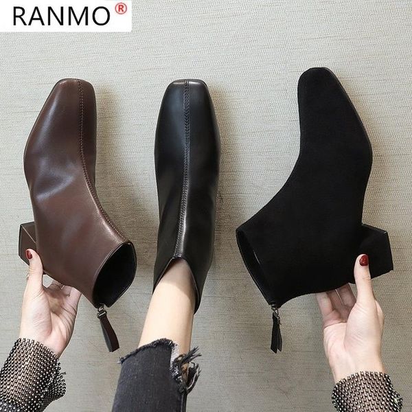 

2020 новые осенние женские сапоги мода высокие каблуки сапоги на высоком каблуке ботинки ретро молния короткие pu кожаные квадратные ноги bo, Black