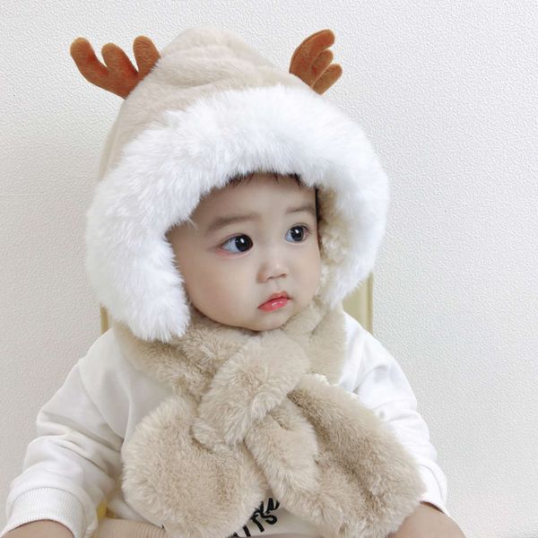 

winter children's plush scarf integrated baby's hat for warmth and cold protection, Red;brown
