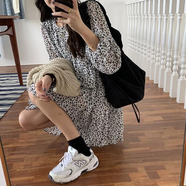 

retro floral print chiffon cake dresses women female loose long sleeve vestidos o neck casual robe femme spring 2021 y1803a, Black;gray