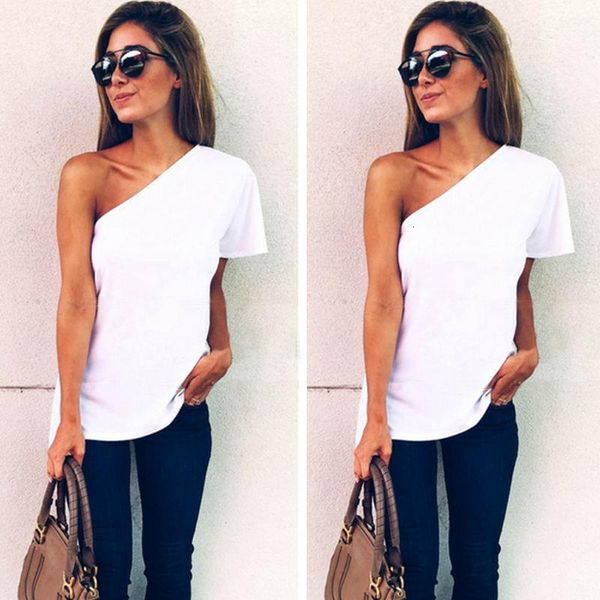 

new fashion summer women t shirt crop white one shoulder off irrerular t-shirts female candy color short sleeve