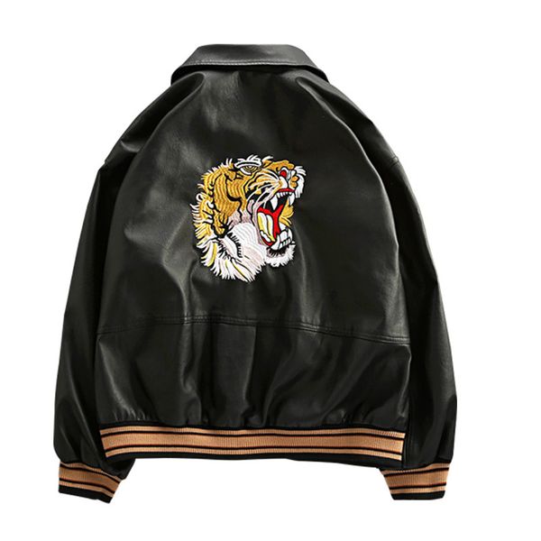 

nova outono inverno marca clssica homens bombardeiro jaque de couro do plutnio cabea tigre bordado beisebol повседневные casacos soltos 1kwi, Black