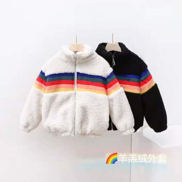 

vertical autumn winter collar short long sve stripe boys' and girls' rainbow cashmere korean zipper sweater coat 2175865, Black