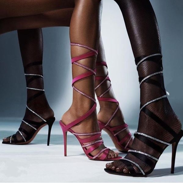 

sandals rhinestone satin cross strap stiletto roman women, Black