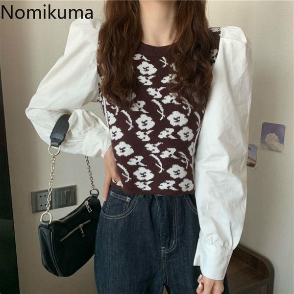 

women's sweaters nomikuma vintage knitted pullover jumpers fake two piece flower pattern long sleeve casual autumn sweater women 3d650, White;black