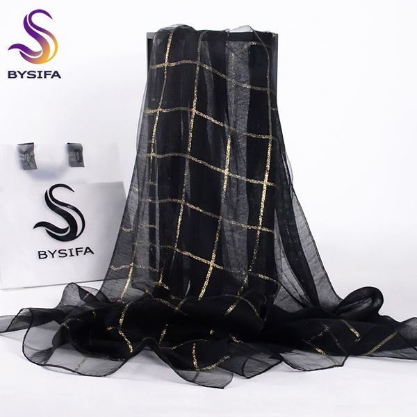 

bysifa] women black gold plaid silk scarf shawl ladies fashion accessories brand 100% silk organza long scarves wraps 190*70cm y201024, Blue;gray