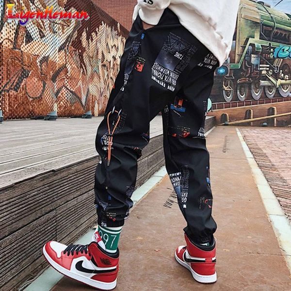 

men hip hop pants men loose joggers print streetwear casual fitness pants couples harem ankle length trousers1, Black