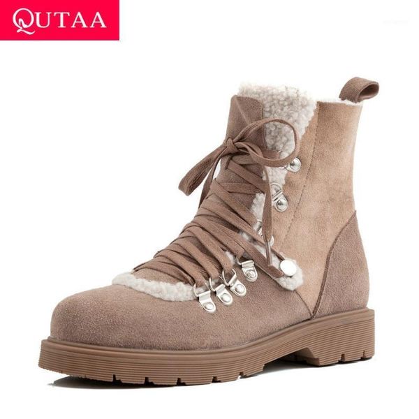 

qutaa 2021 keep warm winter ankle boots casual round toe lace up women shoes cow suede square low heel short boots size 34-411, Black