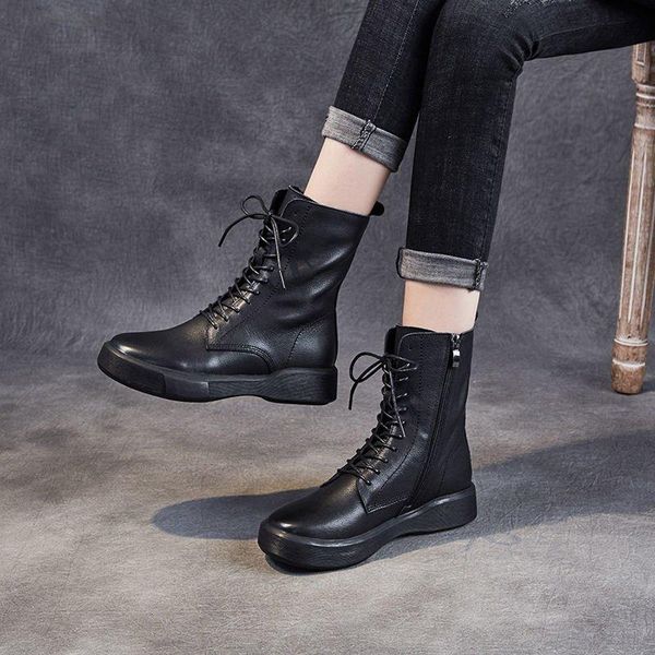 

2021 new boots women ankle boots platform leather british wind thick short ladies combat motorcycle women shoes, Black