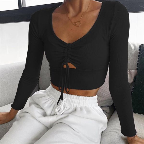 

spring women lace up drawstring t-shirt bow tie long sleeve v-neck navel exposed pullover 2021 female clothes, White