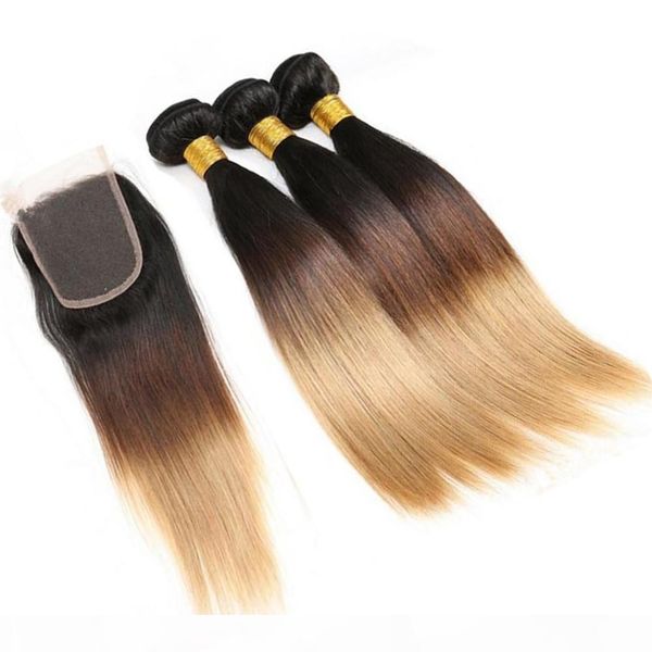 

9a peruvian ombre hair 3bundles with lace closure #1b 4 27 honey blonde three tone with closure silky straight hair weaves with closure, Black