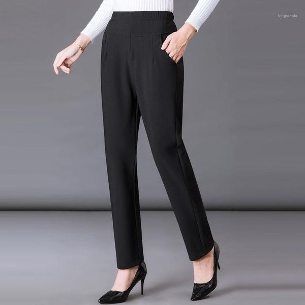 

women 2021 autumn winter fashion middle-aged loose trousers female elastic waist straight pants ladies plaid warm pants w4681, Black;white