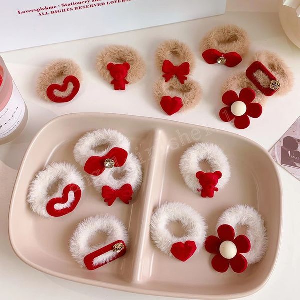 

6pcs/set flocking red flower bear bow plush elastic hair bands women girls ponytail scrunchies hair tie fashion hair accessories, Slivery;white