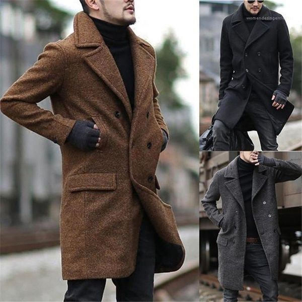 

coats solid color lapel neck long sleeve double bressted men winter thick outerwear clothing mens wool blends, Black