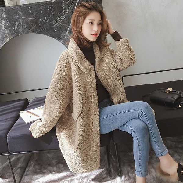 

women's fur & faux teddy coat women winter thick warm long jacket lady lambswool outwear manteau femme, Black