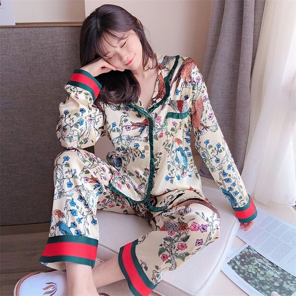

long sleeves pijamas set summer spring print pajamas for women silk satin sleepwear two pieces lounge wear pjs home clothes 201217, Black;red