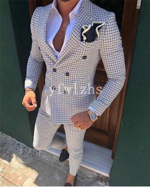 Popular Double-breasted Groomsmen Peak Lapel Noivo Tuxedos Homens Suits Casamento / Prom Best Man Blazer (Jacket + Pantst + Tie) Y205