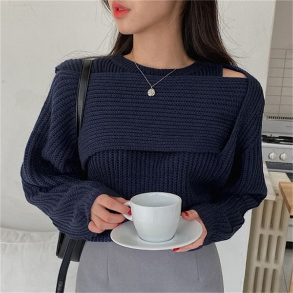 

2021 new women's oversized knitted sweater's solid o-neck cross hollow out thread knitting pullover spring aloc, White;black