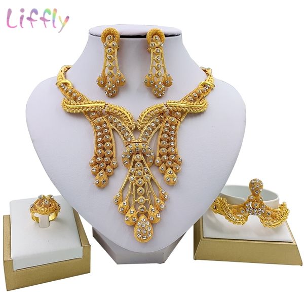 

liffly dubai jewelry sets big necklace classic water drop shape bracelet earrings ring for women wedding jewelry sets for bride 201222, Slivery;crystal