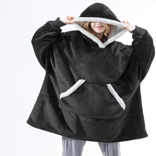 

winter hoodies fleece pocket sleeves sweatshirt plaid with women oversized female sherpa blanket hoody giant hooded oversize mnmmi, Black;white