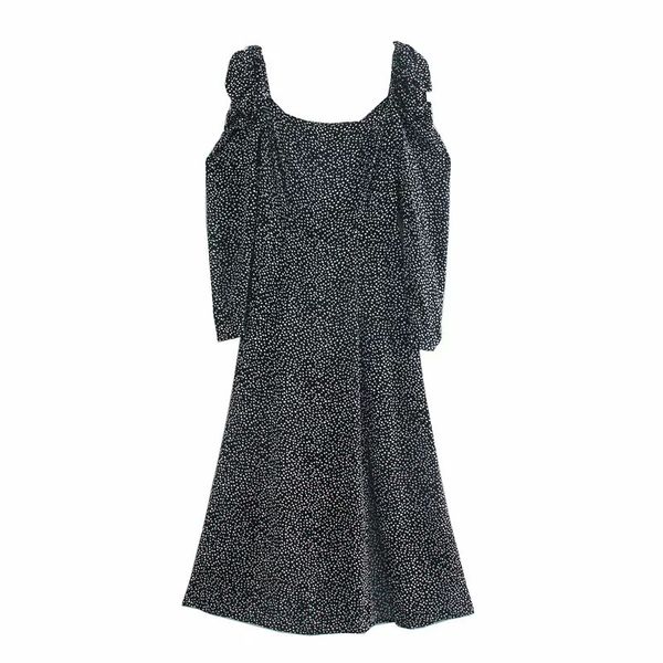 

2021 new autumn dotted black women fashion hem side vent square neck long puff sleeve midi dress ladies retro dres pkac, Black;gray