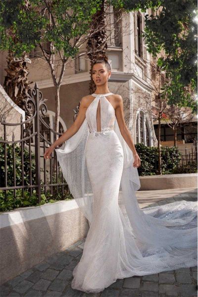 

2021 elihav sasson mermaid wedding dresses halter lace bead glitter backless bohemian wedding dress illusion boho beach bridal gowns, White