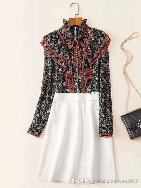 

europe and the united states 2020 early spring new women's elegant temperament flounce print patchwork dress skirt long sleeves, Black;gray