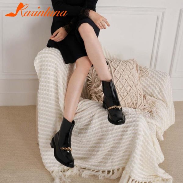 

karin 2021 new fashionable female shoes band design genuine leather metal decoration ankel boots big size 40, Black