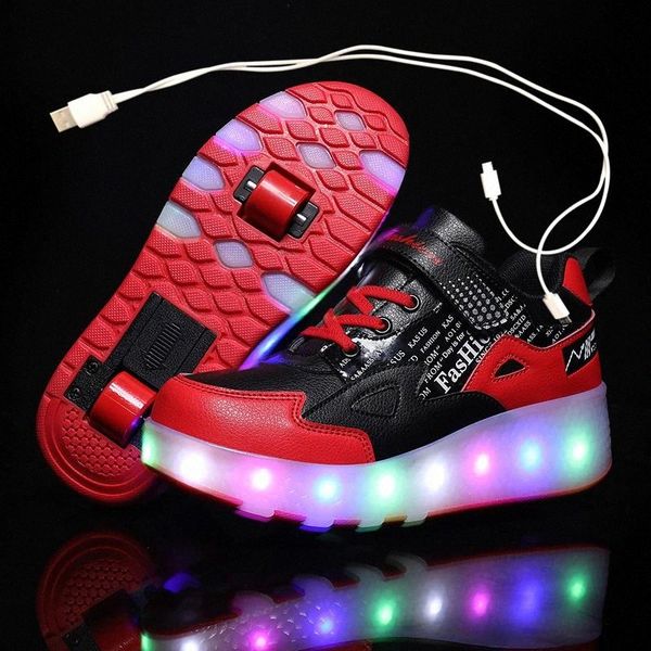 

two wheels luminous sneakers black red led light roller skate shoes for children kids led shoes boys girls light up 28-43 #3a3y