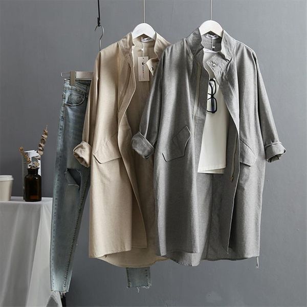 

vogorsean summer cotton linen womens trench coat 2019 new korean version long sleeved large size loose women trenchs coats, Tan;black