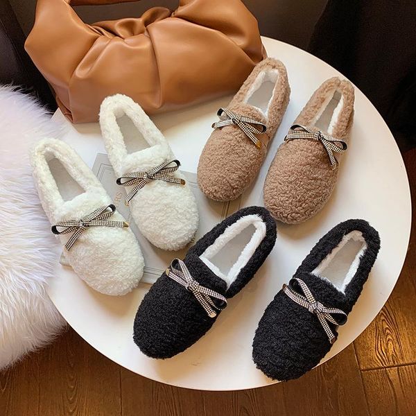 

slip on shoes for women crystal round toe loafers fur shallow mouth bow-knot casual female sneakers slip-on moccasin new, Black