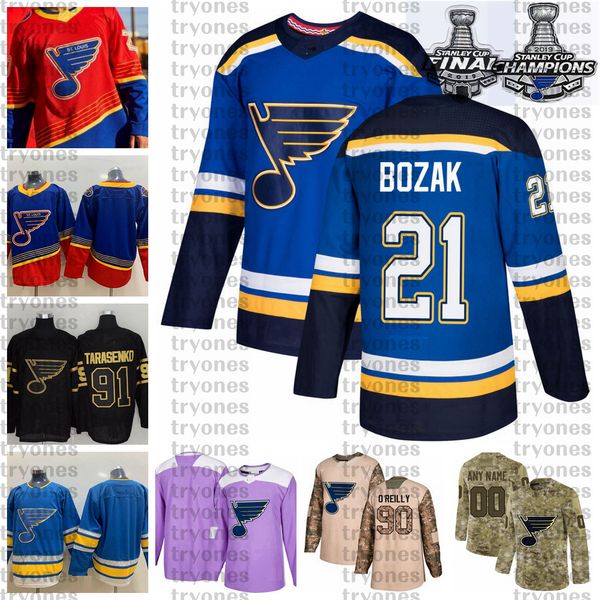 

2021 reverse retro customize 21 tyler bozak st. louis blues champions hockey jersey golden edition camo veterans day fights cancer jersey, Black;red