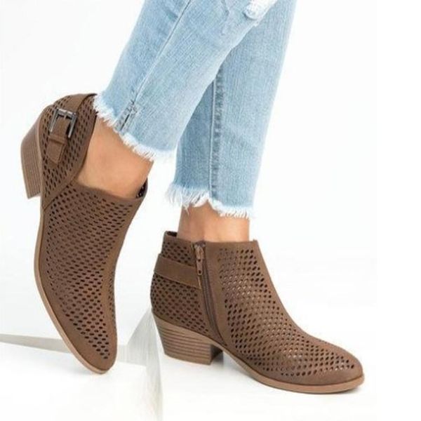 

boots casual leisure women autumn ankle air mesh pointed toe vintage short med solid winter shoes plus size, Black