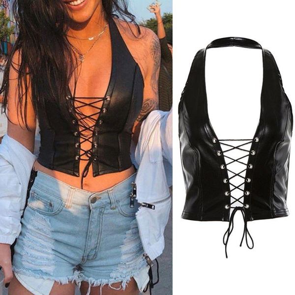 

женщины punk weakels top halter backbloble faux кожаное начало полый жилет 83xf, White