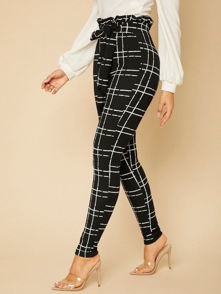 

tall plaid paper bag waist skinny pants w8gc#, Black;white
