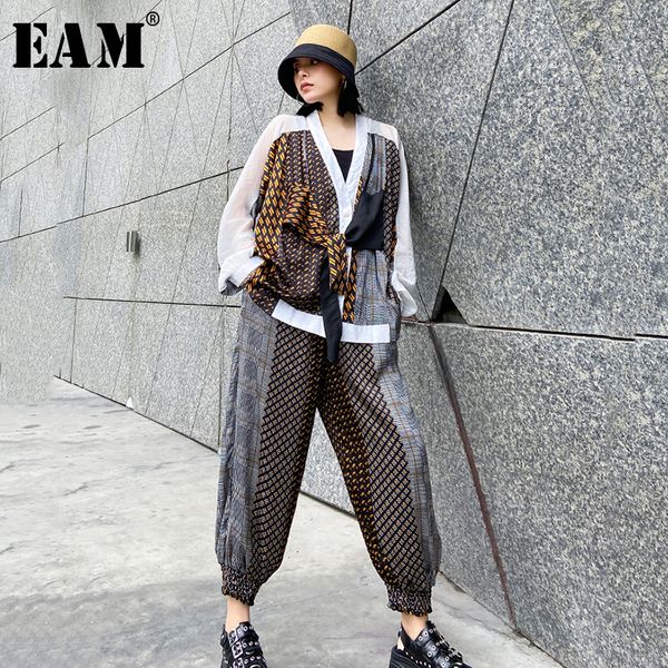 

[eam] printed wide leg pants big size two piece suit new v-neck long sleeve loose fit women fashion spring summer 2020 1w567 t200702, White